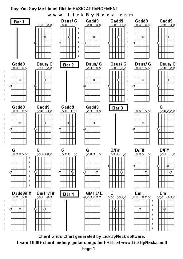 Chord Grids Chart of chord melody fingerstyle guitar song-Say You Say Me-Lionel Richie-BASIC ARRANGEMENT,generated by LickByNeck software.